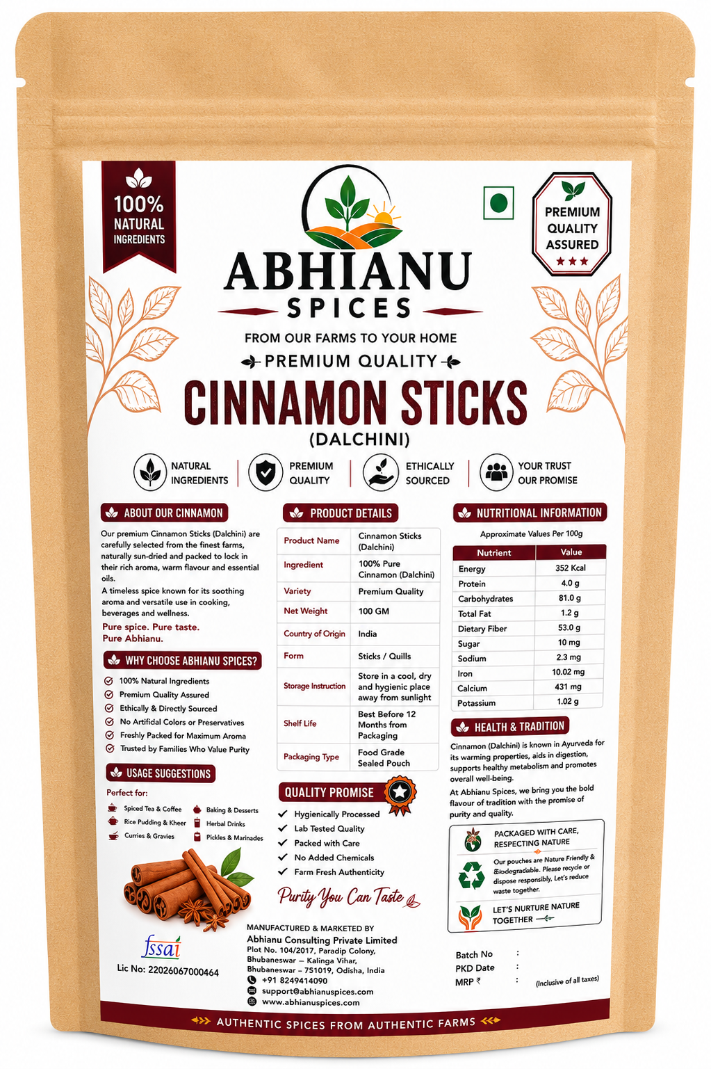 Abhianu Spices Cinnamon Dalchini 400 G Pack Of 8