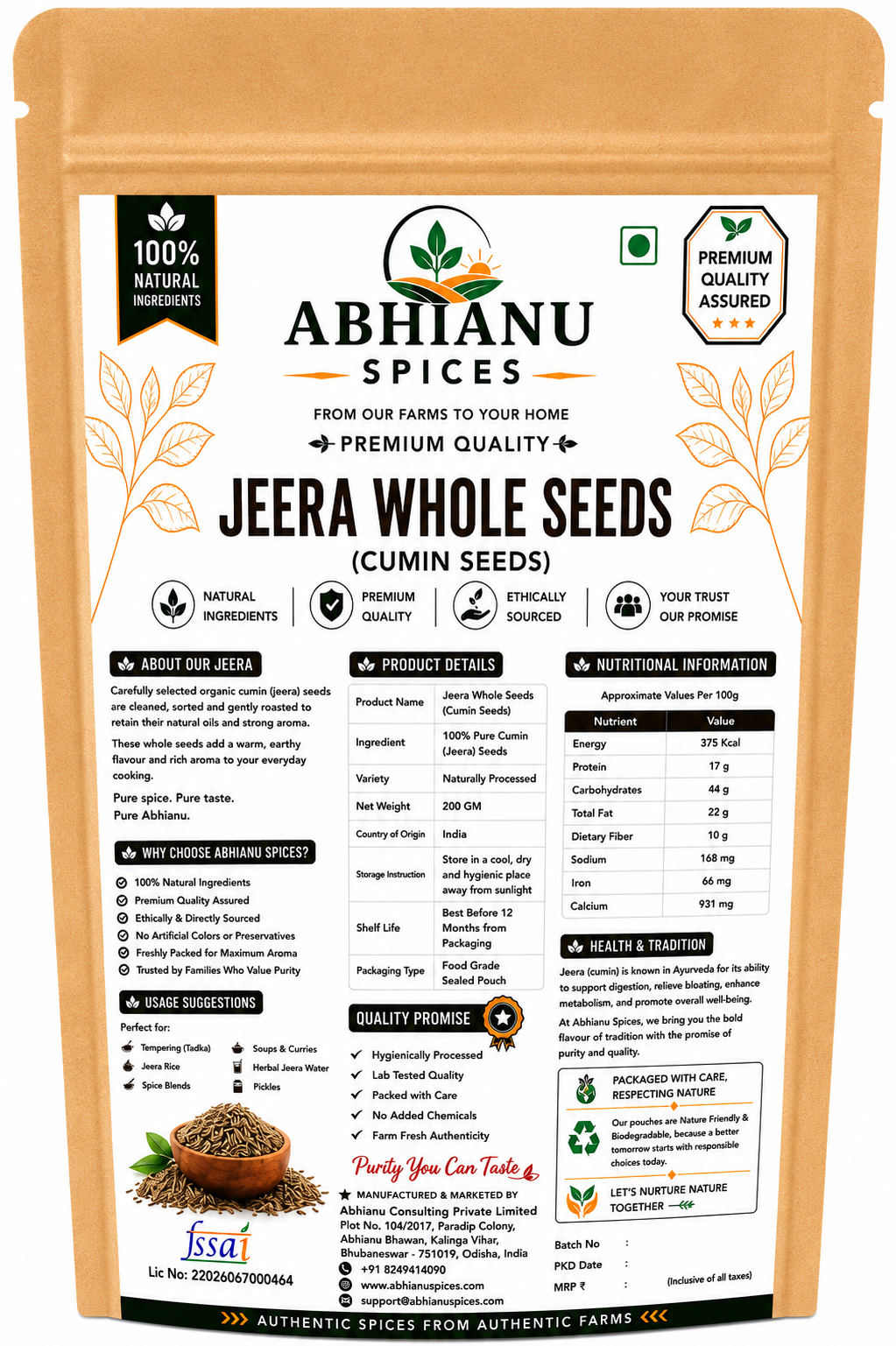 Abhianu Spices Cumin Whole Seeds Jeera 500 G