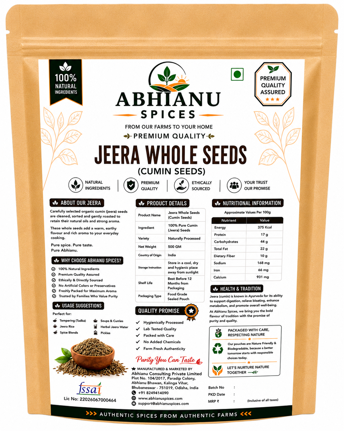Abhianu Spices Cumin Whole Seeds Jeera 500 G