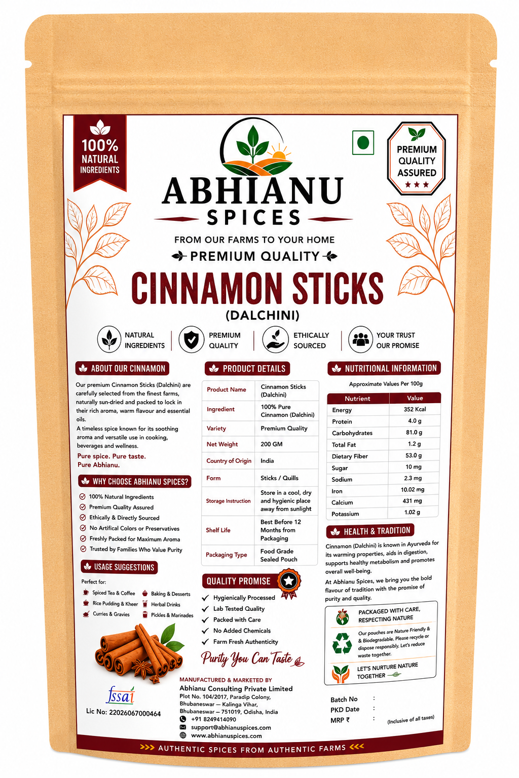 Abhianu Spices Cinnamon Dalchini 400 G Pack Of 8