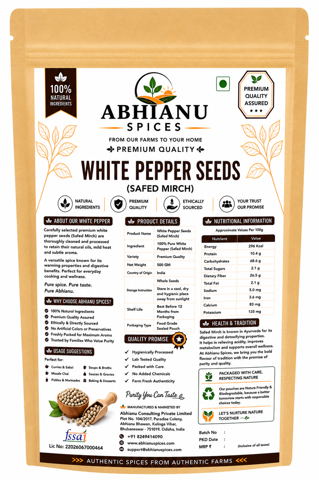 Abhianu Spices White Peppercorns Whole 500 G