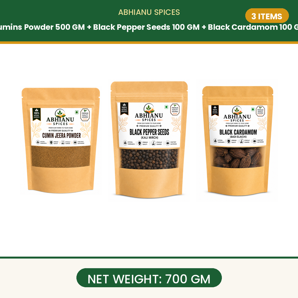 Abhianu Spices Cumin Powder 500 G And Black Pepper 100 G And Black Cardamom 100 G
