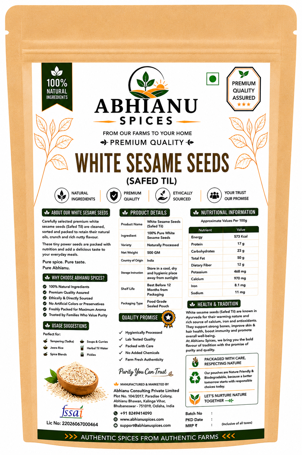Abhianu Spices White Sesame Seeds Safed Til 500 G Pack Of 5