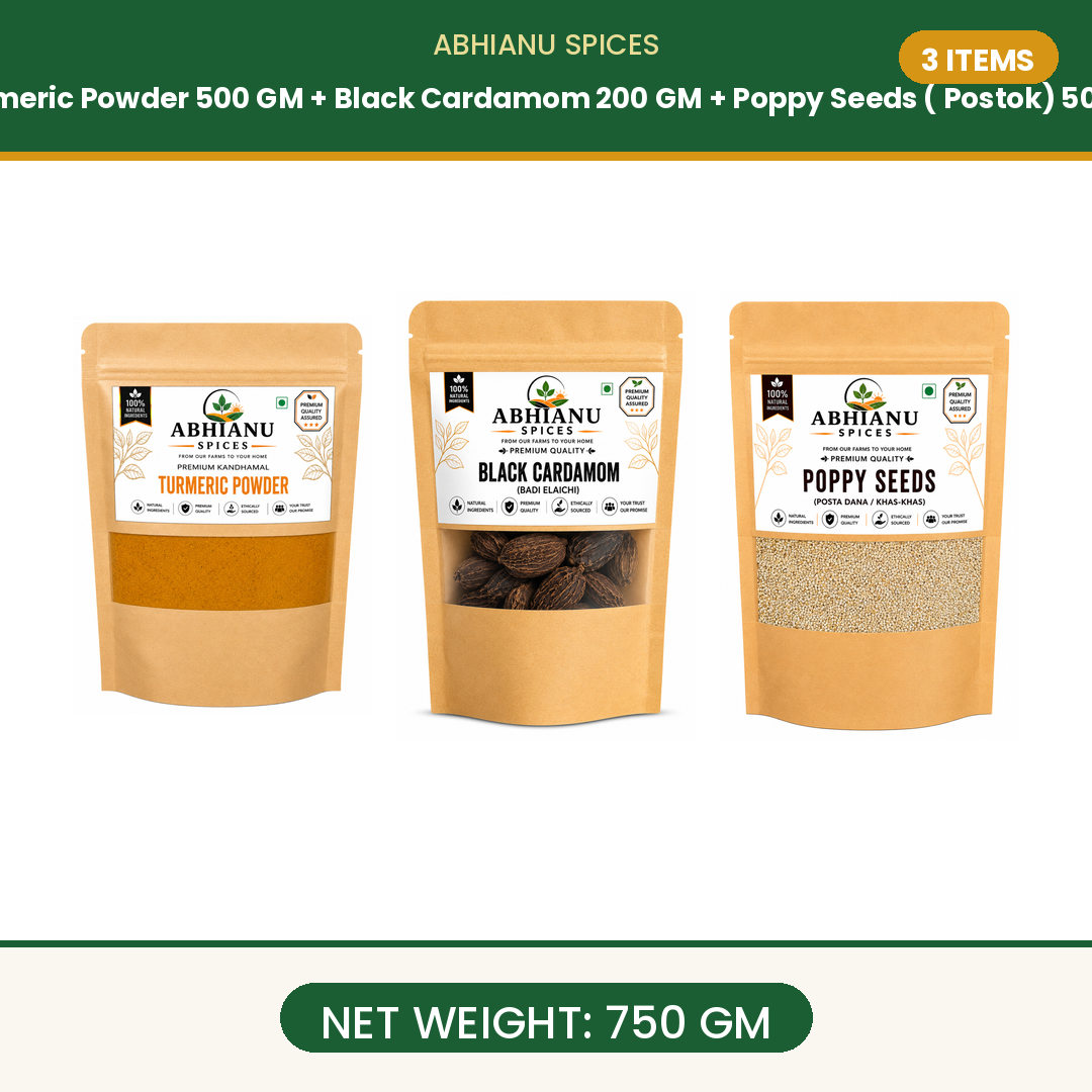 Abhianu Spices Turmeric Powder Black Cardamom And Poppy Seeds Combo 750 G Combo of 3
