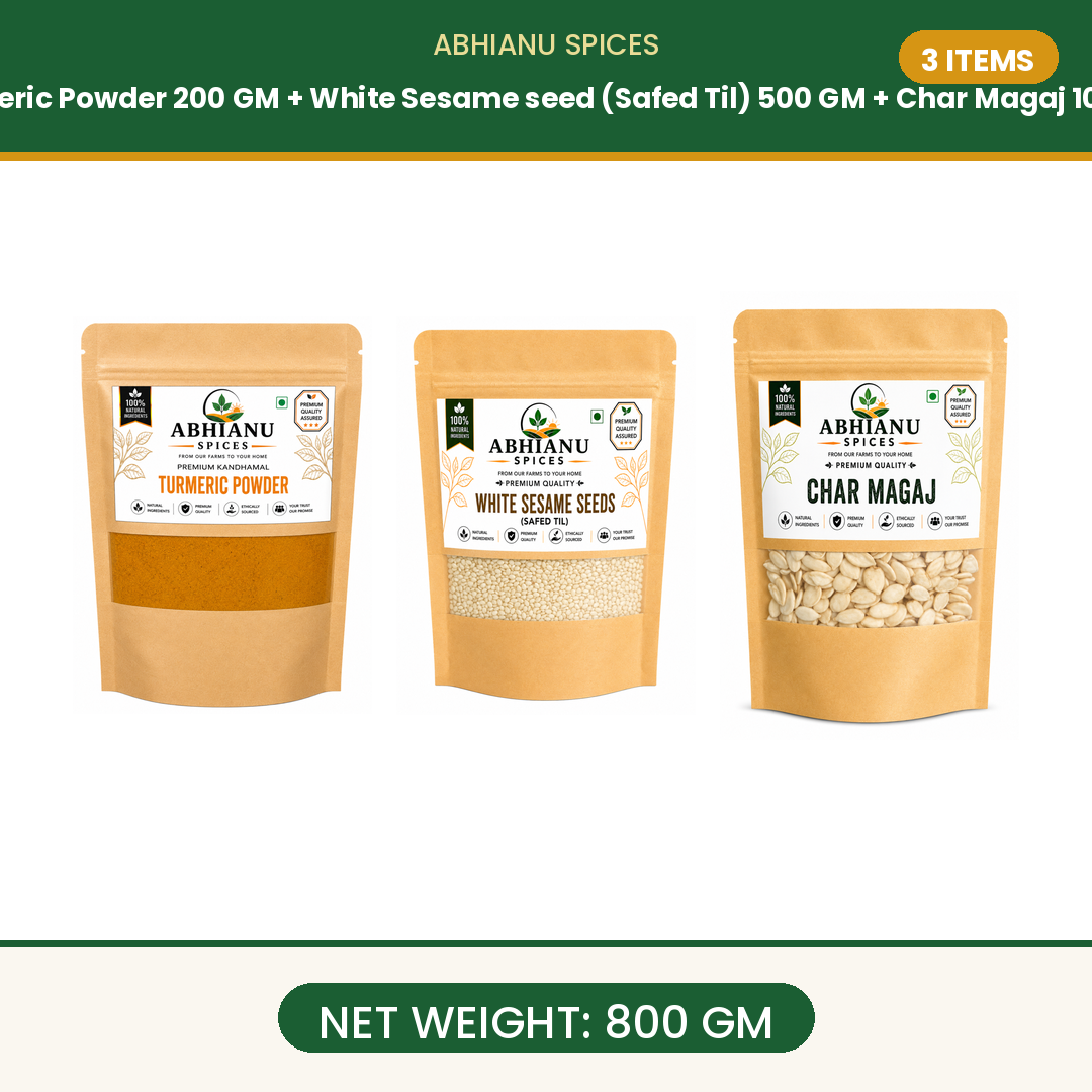 Abhianu Spices Turmeric Powder 200 G And White Sesame Seeds 500 G And Char Magaj 100 G