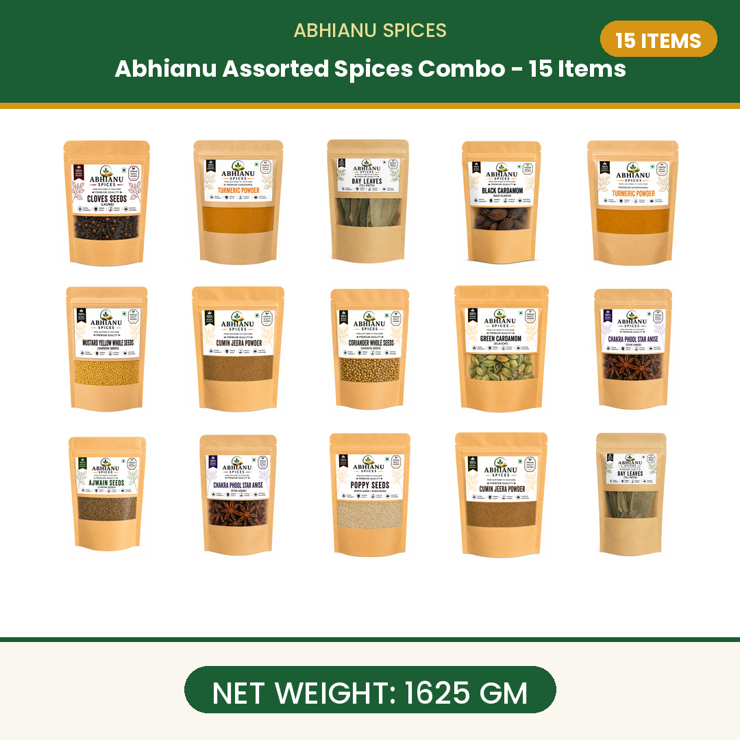 Abhianu Spices Assorted Indian Spices Combo 15 Items 1.625 Kg