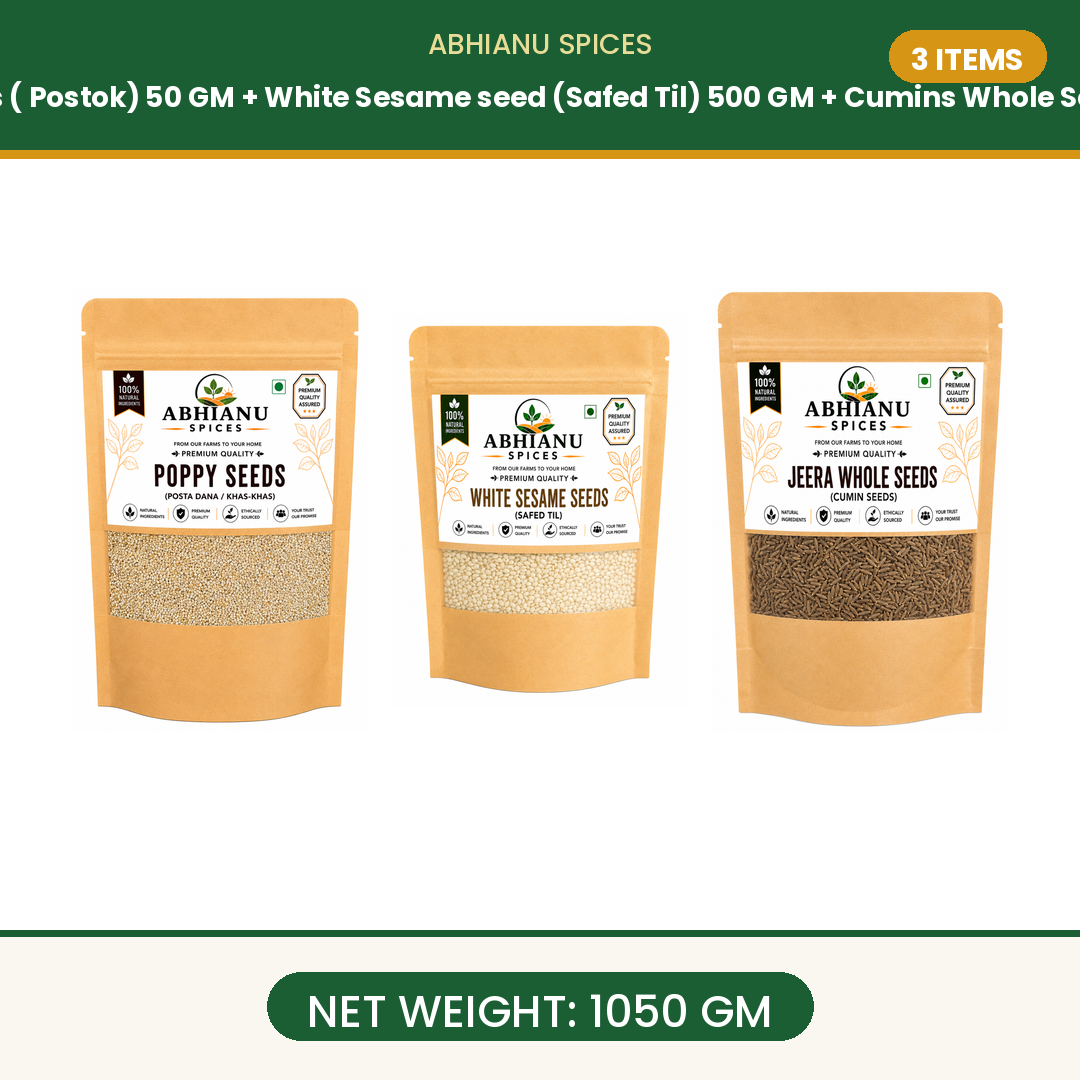 Abhianu Poppy Seeds Sesame Seeds And Cumin Whole 1050GM  Combo 3 Items